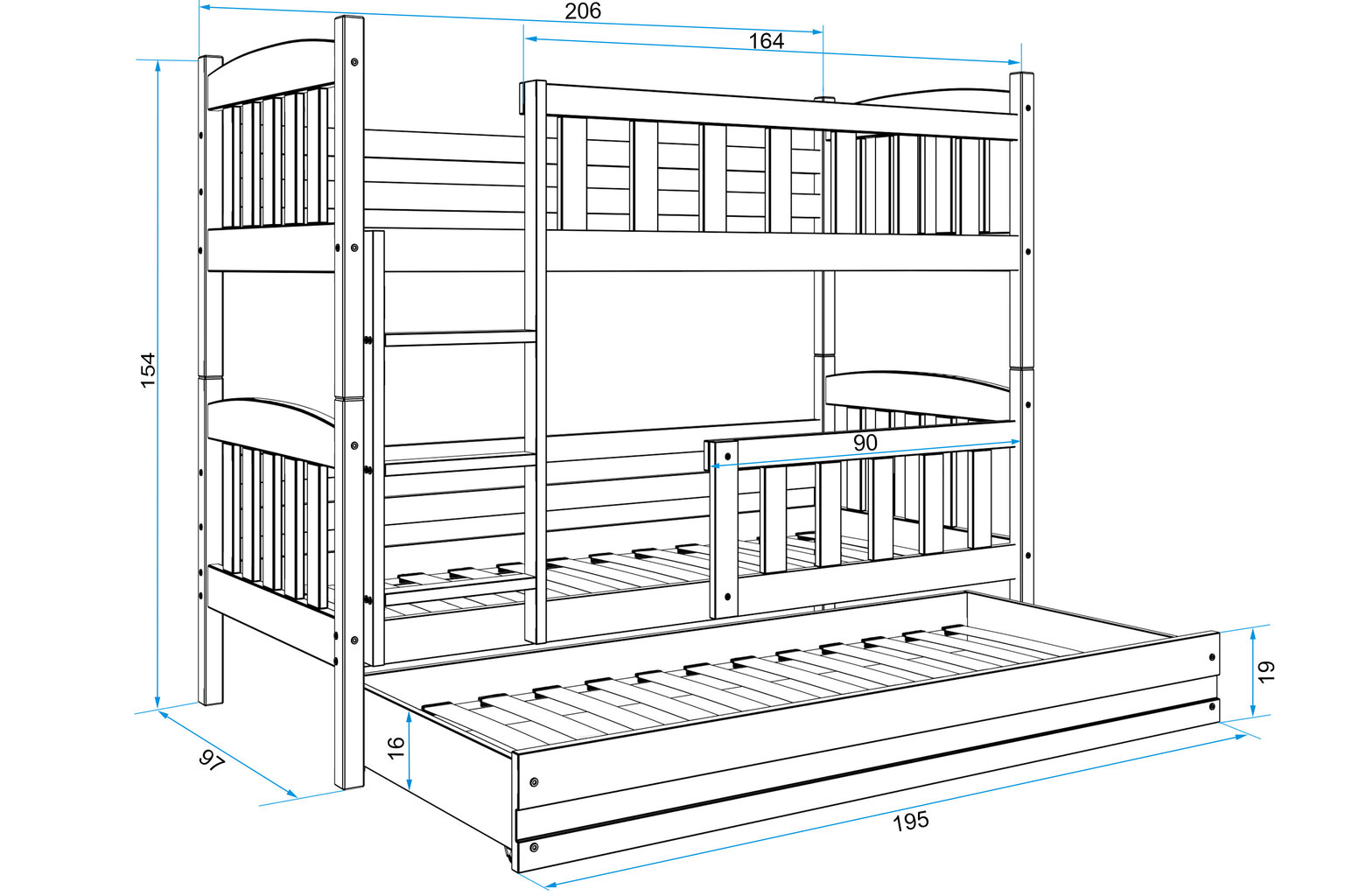 Lastevoodi BMS47BB, 90x200 cm, valge hind ja info | Lastevoodid | kaup24.ee