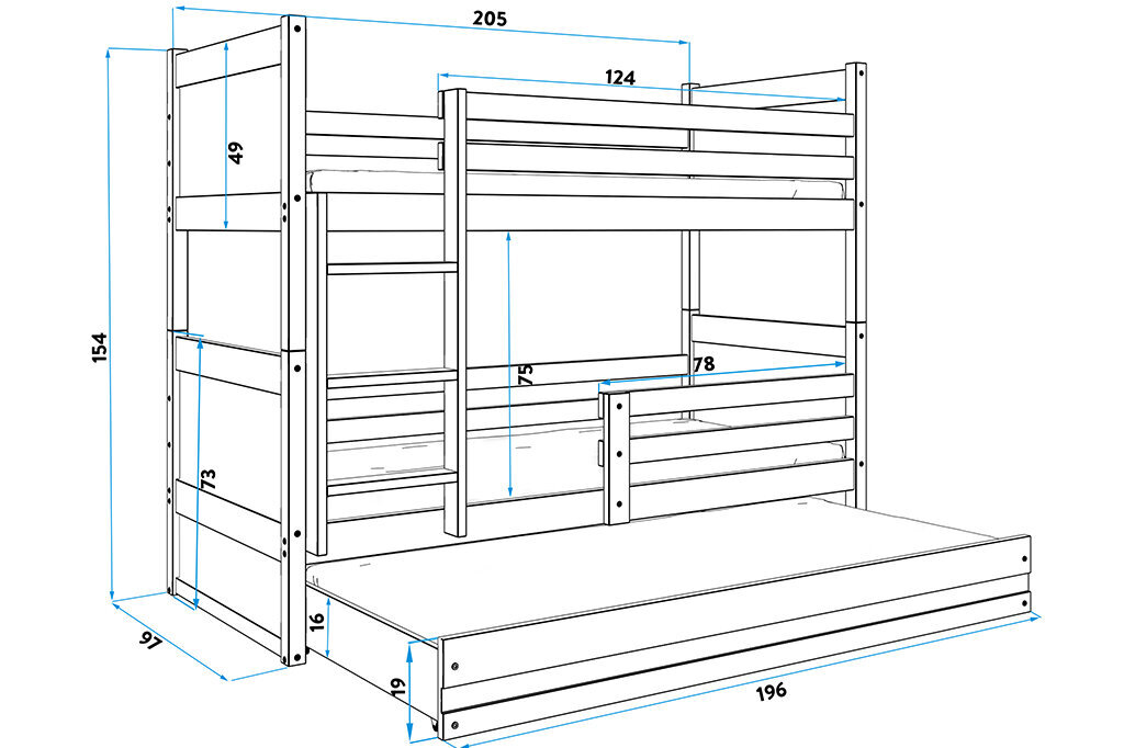 Lastevoodi BMS71B, 90x200 cm, hele pruun/valge цена и информация | Lastevoodid | kaup24.ee