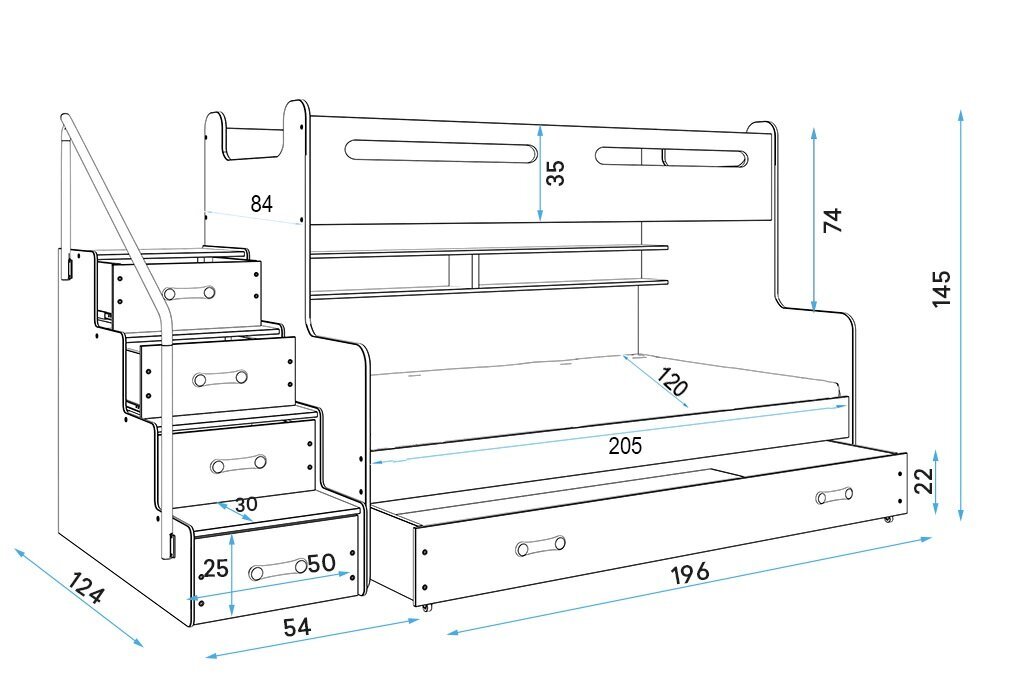 Lastevoodi BMS187P, 90x200 cm, valge/hall цена и информация | Lastevoodid | kaup24.ee