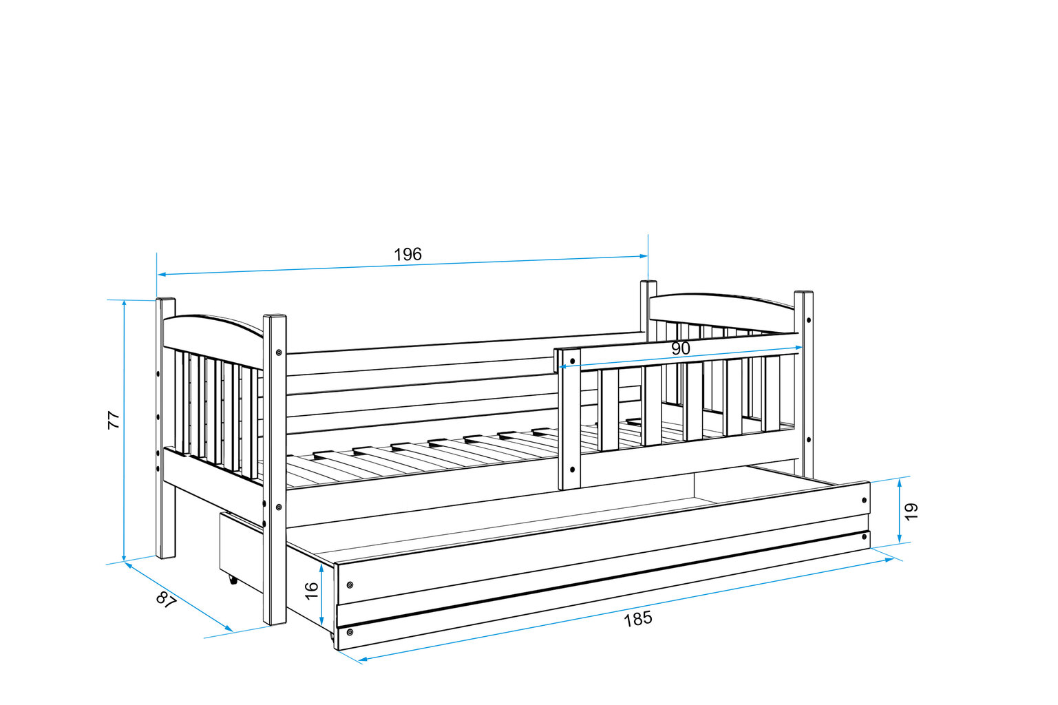 Lastevoodi BMS96PB, 80x190 cm, hall/valge цена и информация | Lastevoodid | kaup24.ee