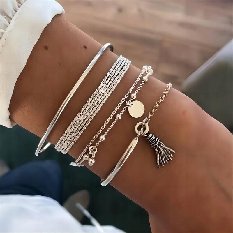 BOHO RETRO PUNK CHARMS BANGLE SET BOHO RETRO PUNK CHARMS BANGLE SILVER 4 tk COMPOSITE JU01 hind ja info | Käevõrud, käeketid | kaup24.ee