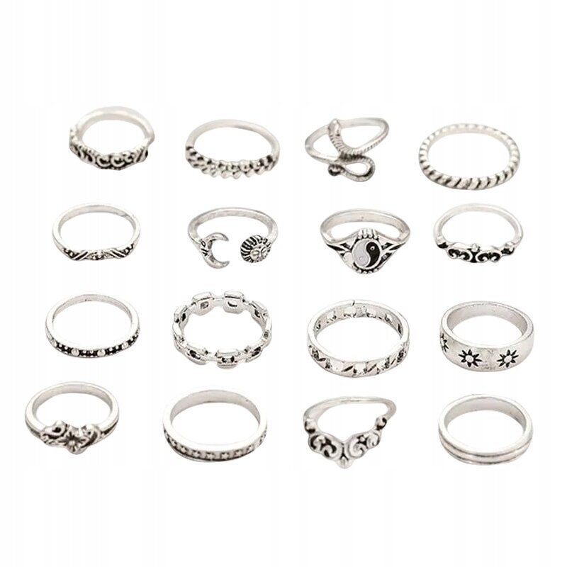 RETRO PUNK VINTAGE 16 tk CASUAL SET SILVER RINGS Z26 цена и информация | Sõrmused | kaup24.ee