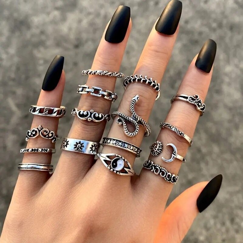 RETRO PUNK VINTAGE 16 tk CASUAL SET SILVER RINGS Z26 цена и информация | Sõrmused | kaup24.ee