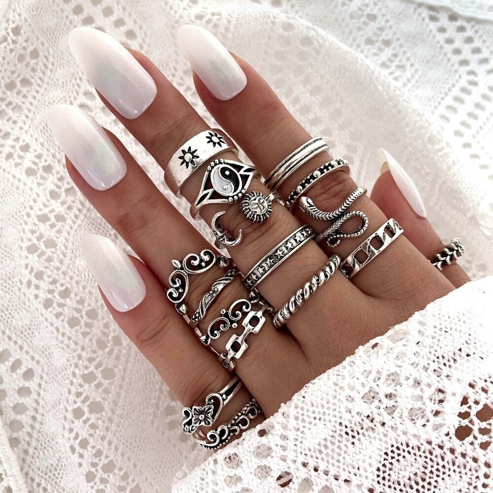 RETRO PUNK VINTAGE 16 tk CASUAL SET SILVER RINGS Z26 цена и информация | Sõrmused | kaup24.ee