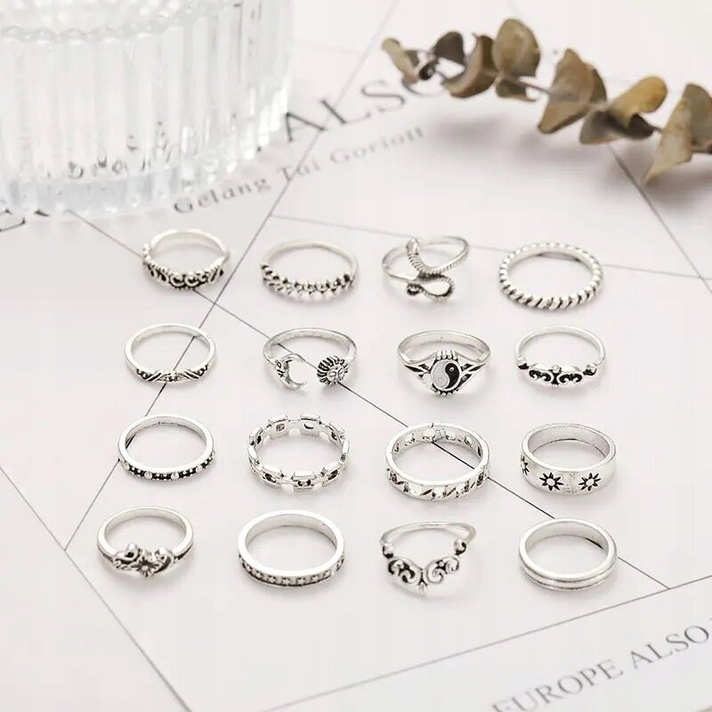 RETRO PUNK VINTAGE 16 tk CASUAL SET SILVER RINGS Z26 цена и информация | Sõrmused | kaup24.ee