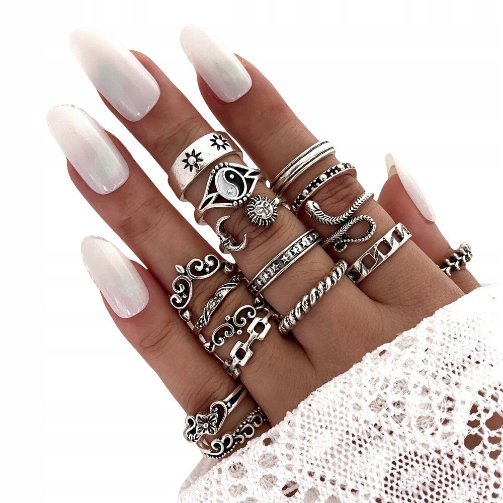 RETRO PUNK VINTAGE 16 tk CASUAL SET SILVER RINGS Z26 цена и информация | Sõrmused | kaup24.ee