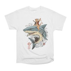 WhyNotPrint meeste valge T-särk "Cat with a shark" WNP1008_S hind ja info | Meeste T-särgid | kaup24.ee