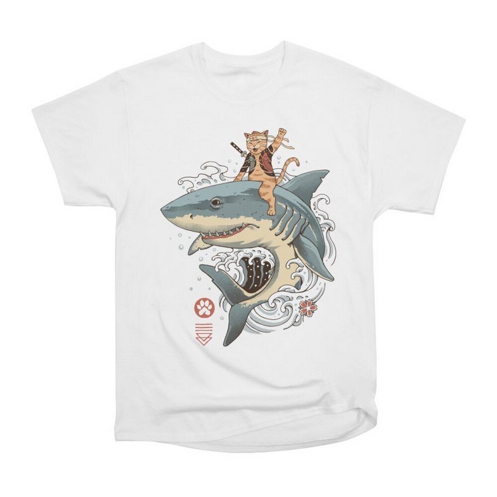 WhyNotPrint meeste valge T-särk "Cat with a shark" WNP1008_S цена и информация | Meeste T-särgid | kaup24.ee