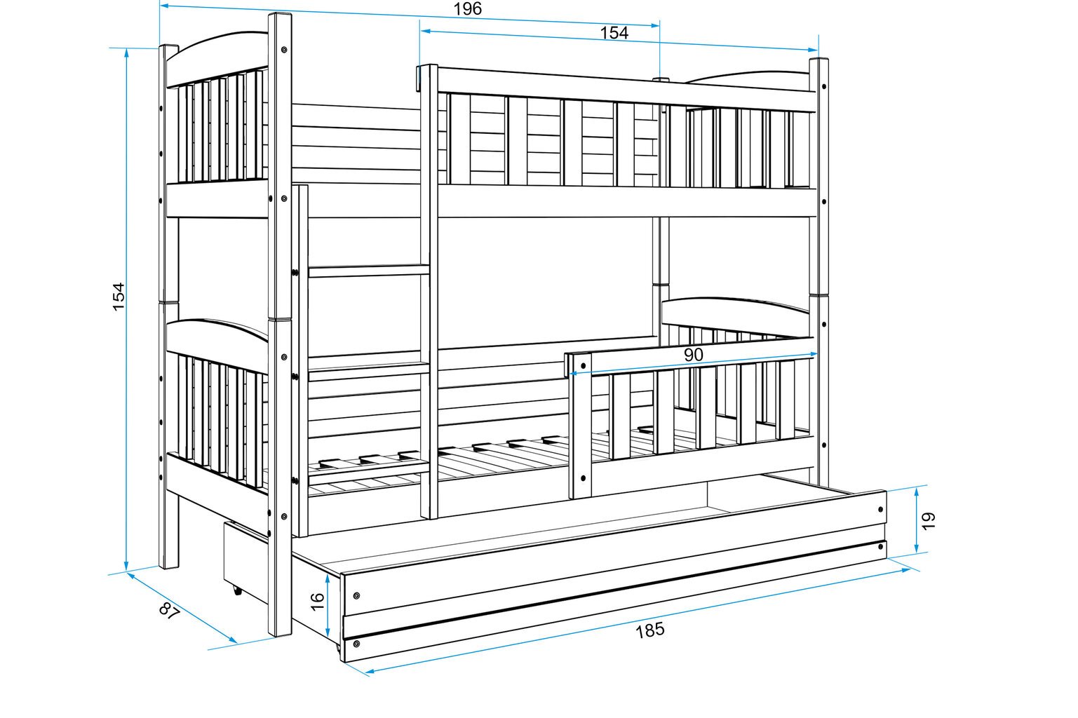 Lastevoodi BMS142PZI, 80x190 cm, hall/sinine цена и информация | Lastevoodid | kaup24.ee