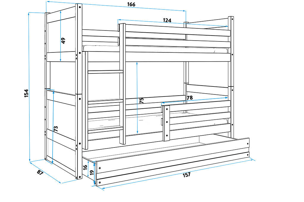 Lastevoodi BMS158ZI, 80x160 cm, hall/sinine цена и информация | Lastevoodid | kaup24.ee