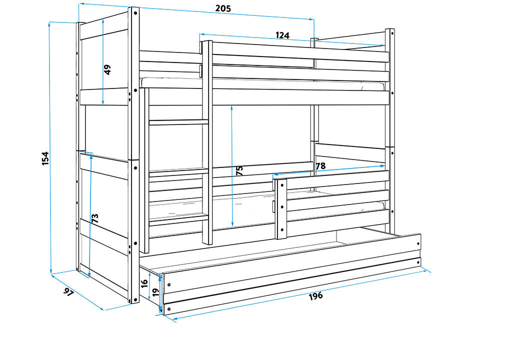 Lastevoodi BMS167B, 90x200 cm, hele pruun/valge цена и информация | Lastevoodid | kaup24.ee