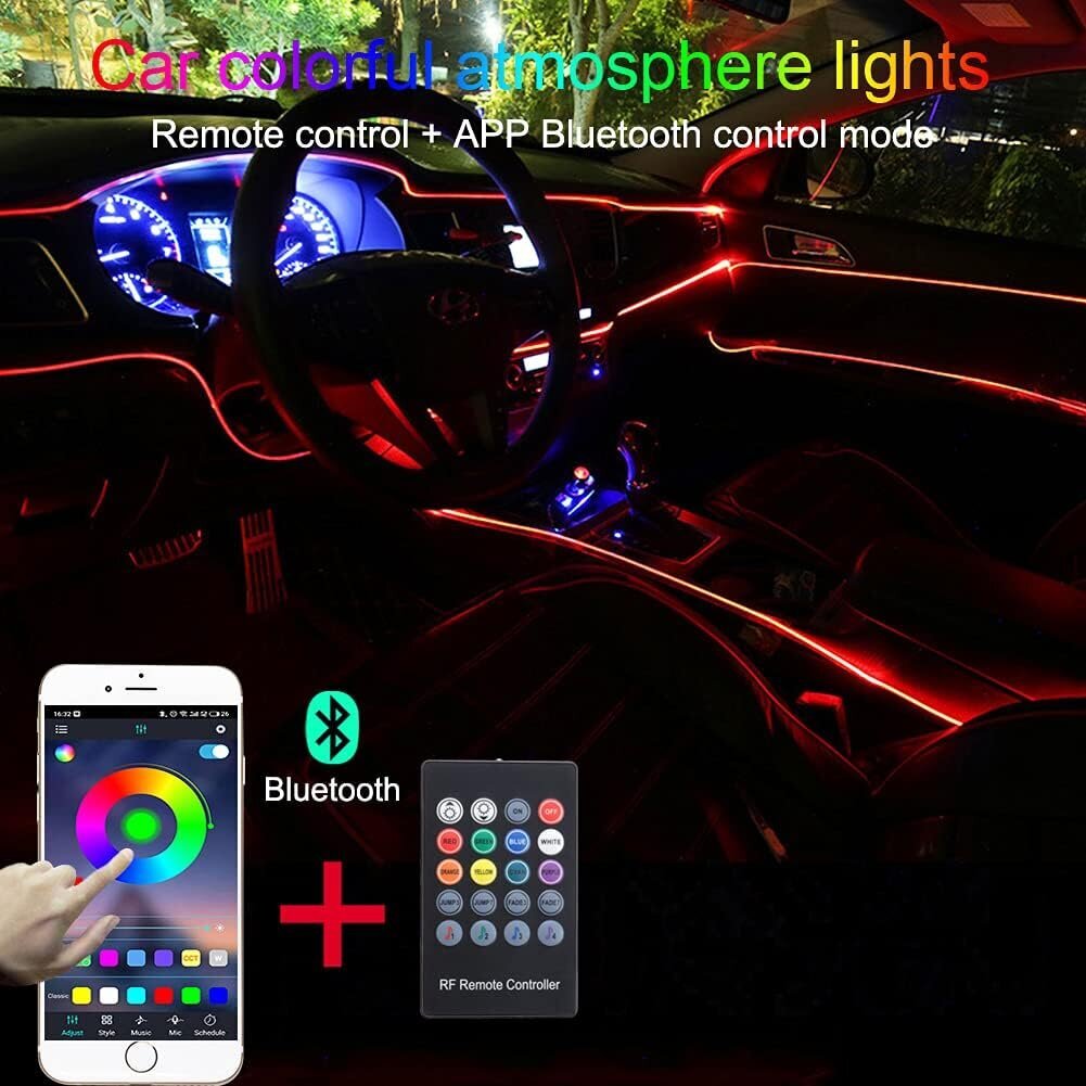 Vahelehed auto ambient tuli rgb kaugjuhtimispult + rakenduse juhtimise dekoratiivne lamp diy refit painduv klaaskiust toru 64 värvi sisevalgustuse atmosfäär tuli 1W 12 V 8m hind ja info | Autopirnid | kaup24.ee