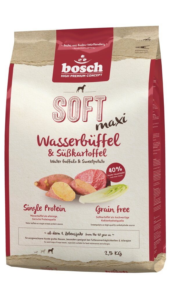 Bosch Pet Food Plus SOFT MAXI Water Buffalo & Sweetpotato 2,5kg hind ja info | Kuivtoit koertele | kaup24.ee