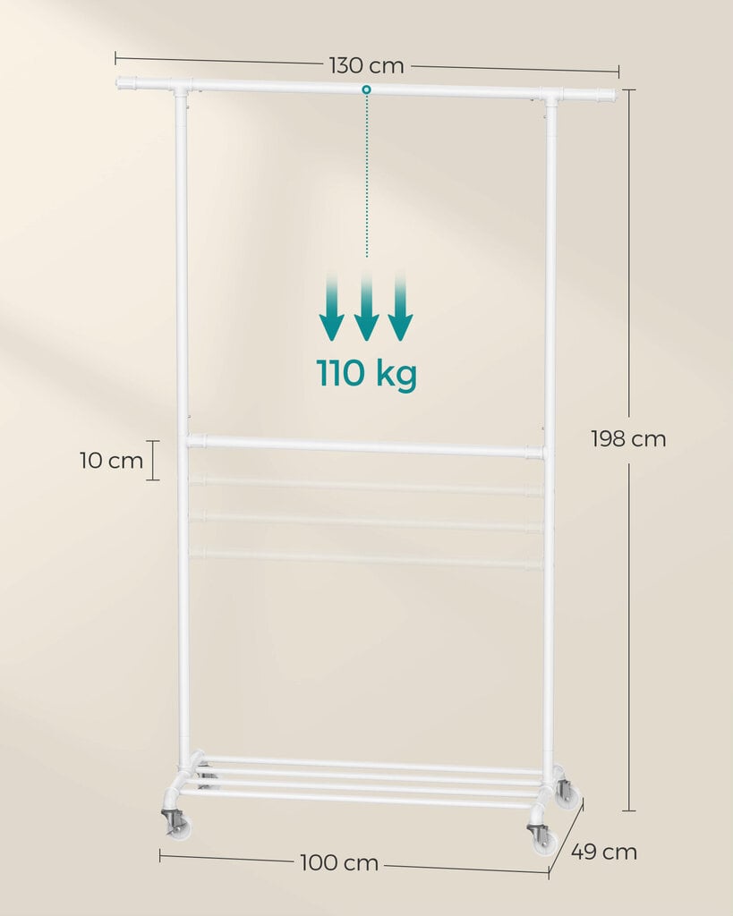 Riidenagi Songmics, 49 x 130 x 198 cm, valge цена и информация | Riidestanged ja nagid | kaup24.ee