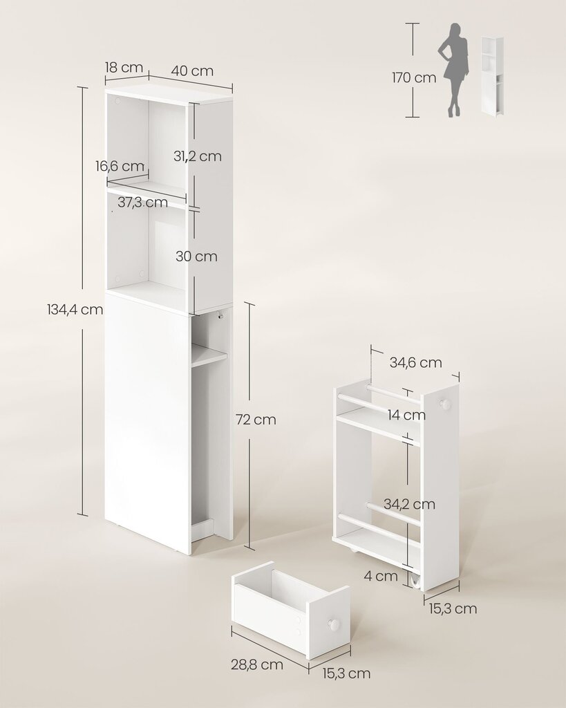 Kapp Songmics, 40 x 18 x 134,4 cm, valge цена и информация | Elutoa väikesed kapid | kaup24.ee