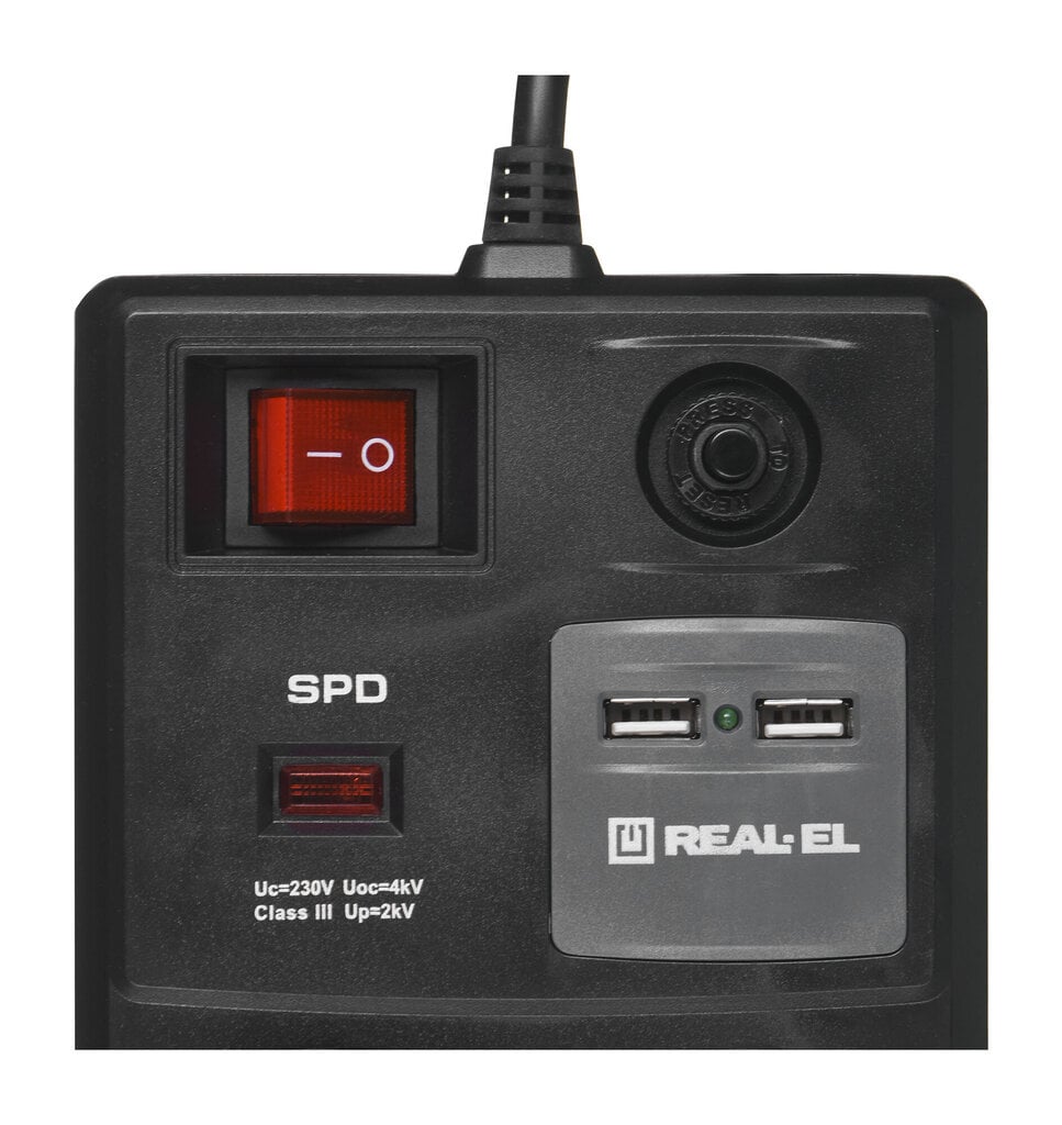 REAL-EL FRS-8F USB Charge Toitejuhe liigpingekaitsega 2x USB 3 m Must hind ja info | Pikendusjuhtmed, kaablid | kaup24.ee