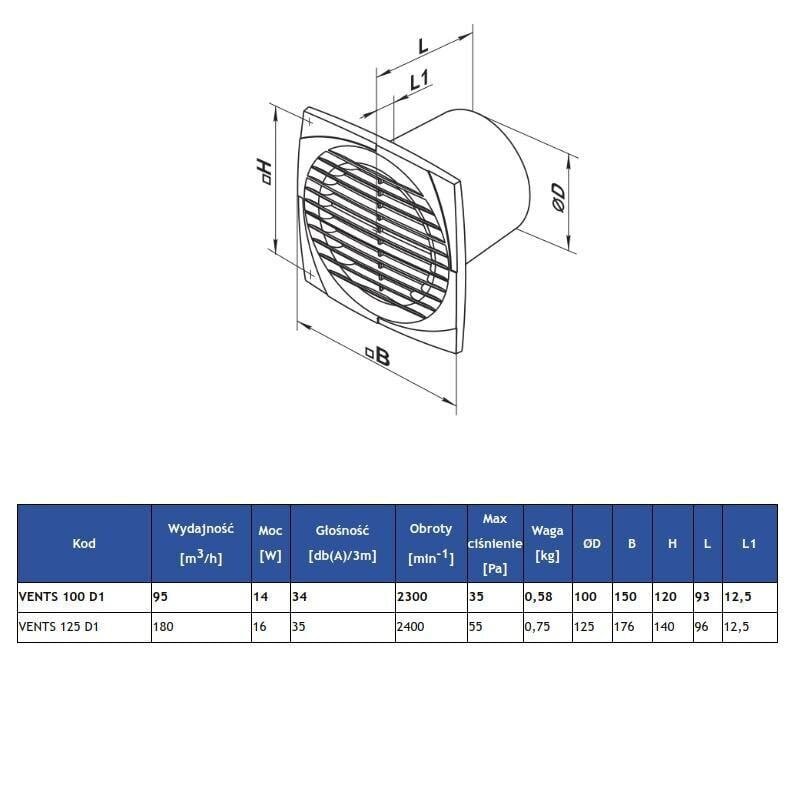 VENTS 100 D1 V vannitoaventilaator hind ja info | Ventilaatorid | kaup24.ee