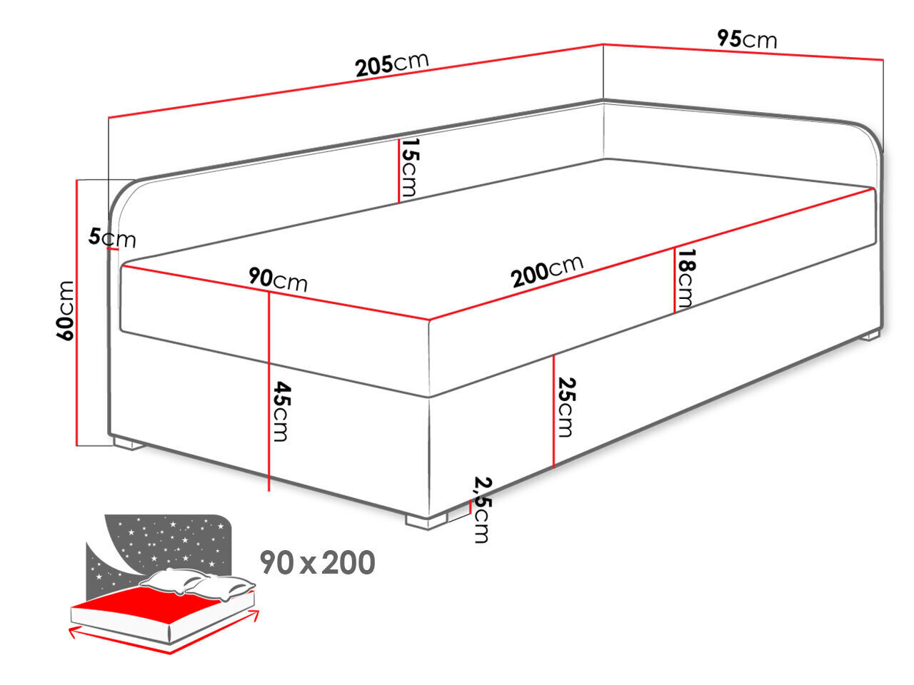 Pesukastiga voodi UNO 90x200cm цена и информация | Voodid | kaup24.ee