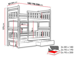 Двухъярусная кровать Monika 90x200см, белый цвет цена и информация | Детские кровати | kaup24.ee