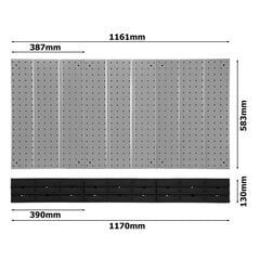 Tööriistasein metallist 117x72 cm Säilitussüsteem tööriistahoidjatega Tööriistakonksud ja 11 virnastuskasti 100 x 150 x 70 mm Värv: must Perforeeritud plaat Töökoda Garaaž Tugiplaat Elektritööriistad hind ja info | Tööriistakastid, tööriistahoidjad | kaup24.ee