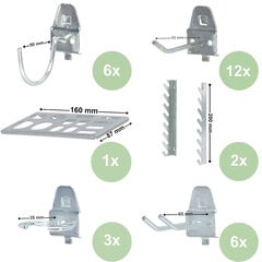 Tööriistasein metallist 156x72 cm Ladustussüsteem tööriistahoidjatega Tööriistakonksud ja 14 virnastuskasti 100 x 150 x 70 mm Värv: sinine Perforeeritud plaat Töökoda Garaaž Tugiplaat Elektritööriista hind ja info | Tööriistakastid, tööriistahoidjad | kaup24.ee