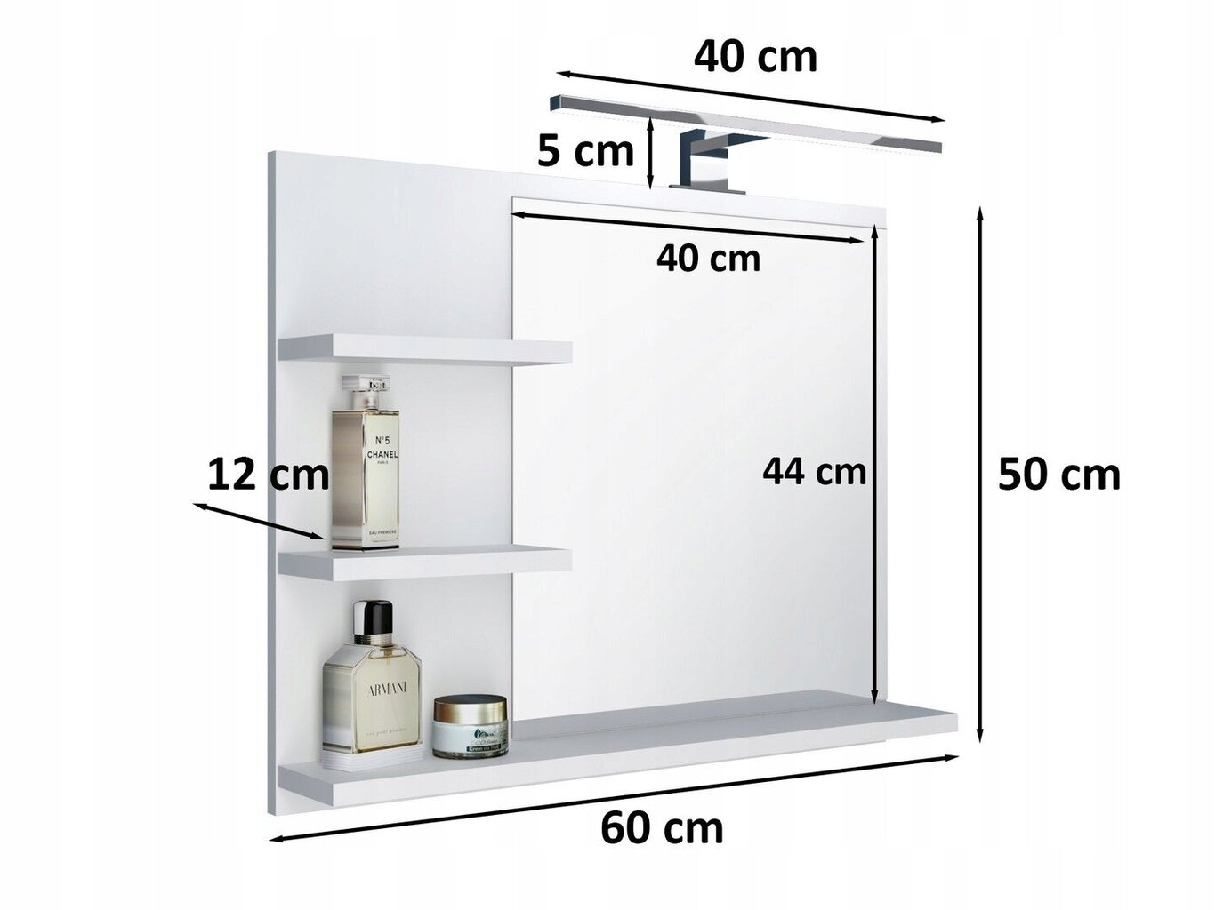 Valge vannitoapeegel 3 riiuliga, LED lamp, L hind ja info | Vannitoa peeglid | kaup24.ee