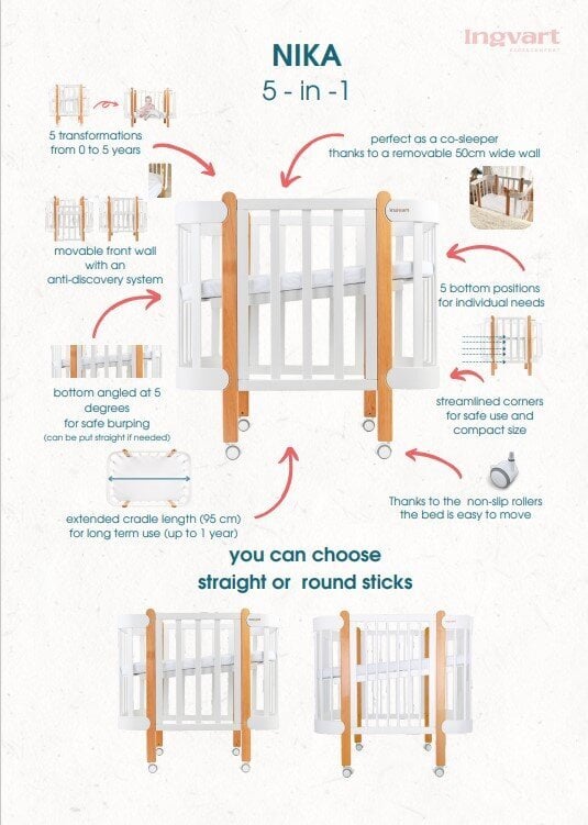 Beebivoodi-trafod Ingvart Nika 5-ühes, 60x120cm, valge/naturaalne värv hind ja info | Lastevoodid | kaup24.ee