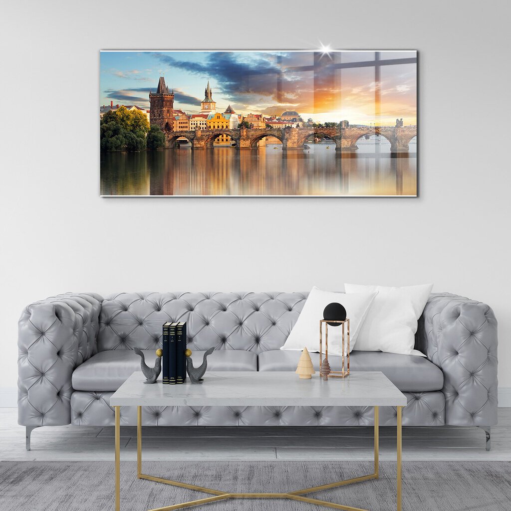 Karastatud klaasist pilt Linna panoraam ja sild üle jõe, 100x50 cm цена и информация | Seinapildid | kaup24.ee