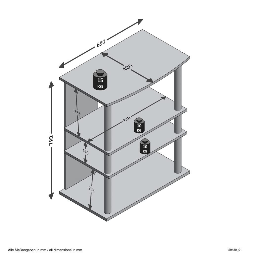 FMD teler/Hi-Fi riiul, 3 kambriga, 65 x 40 x 79,2 cm, tammepuit цена и информация | Kummutid | kaup24.ee