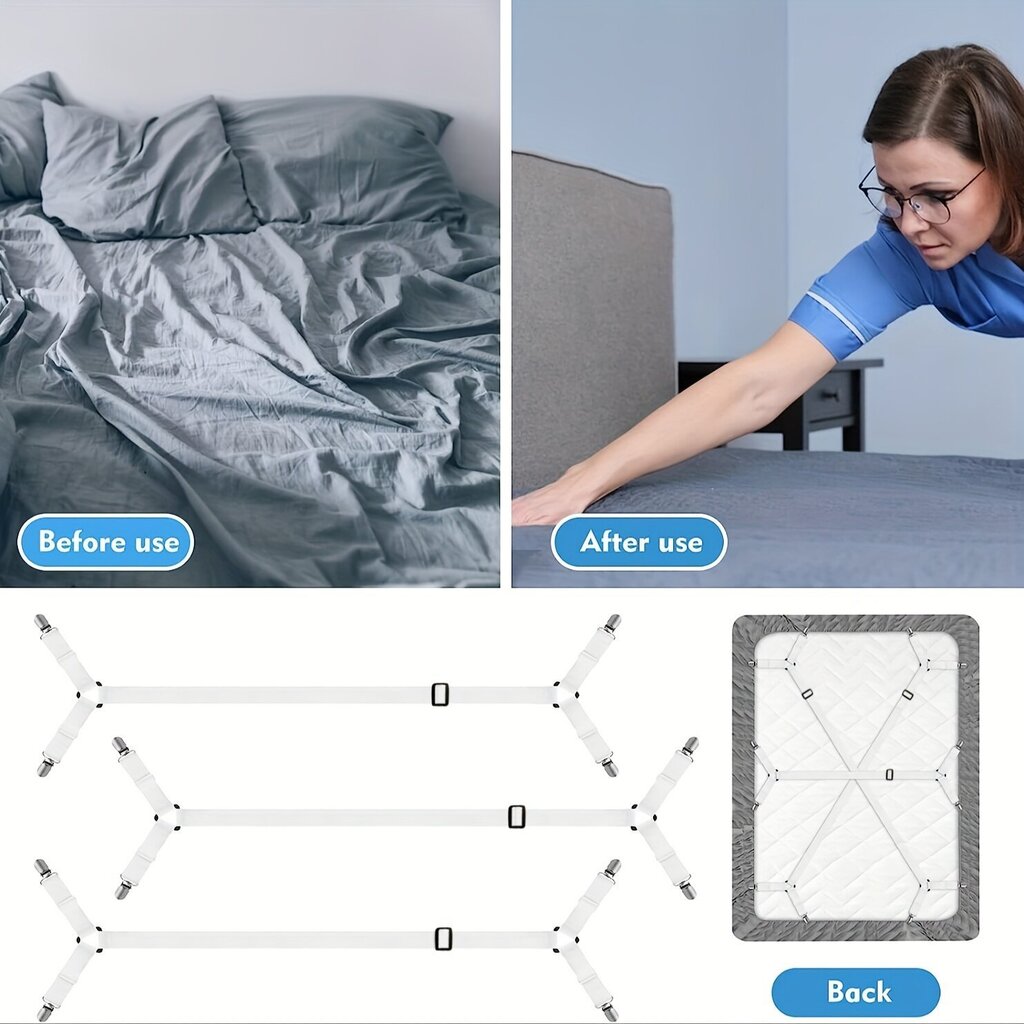 '3 komplekti voodipesu hoidiku rihmad, reguleeritavad risti voodipesu klambrid, elastsed ribad, riidepuud mugava voodipesu hoidmiseks kahele kuninganna madratsile, voodipesu kinnitused' hind ja info | Voodipesu | kaup24.ee