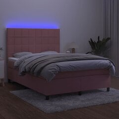 vidaXL kontinentaalvoodi madratsiga, LED, roosa, 140x190 cm, samet цена и информация | Кровати | kaup24.ee