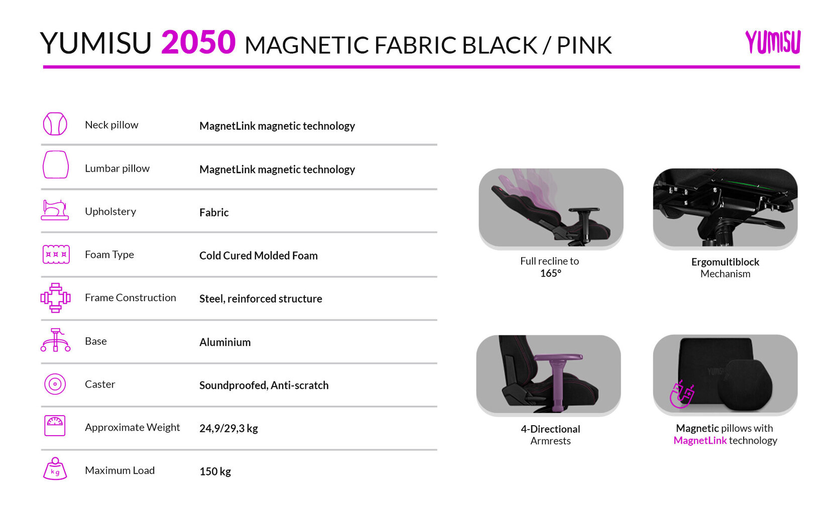 Mänguritool Yumisu 2050 Magnetic Black Pink, riidest polster, must-roosa hind ja info | Kontoritoolid | kaup24.ee