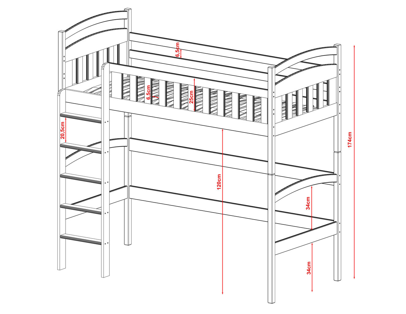 Kõrge voodi Mia FURNLUX CLASSIC, 88x168x174 cm, valge hind ja info | Voodid | kaup24.ee