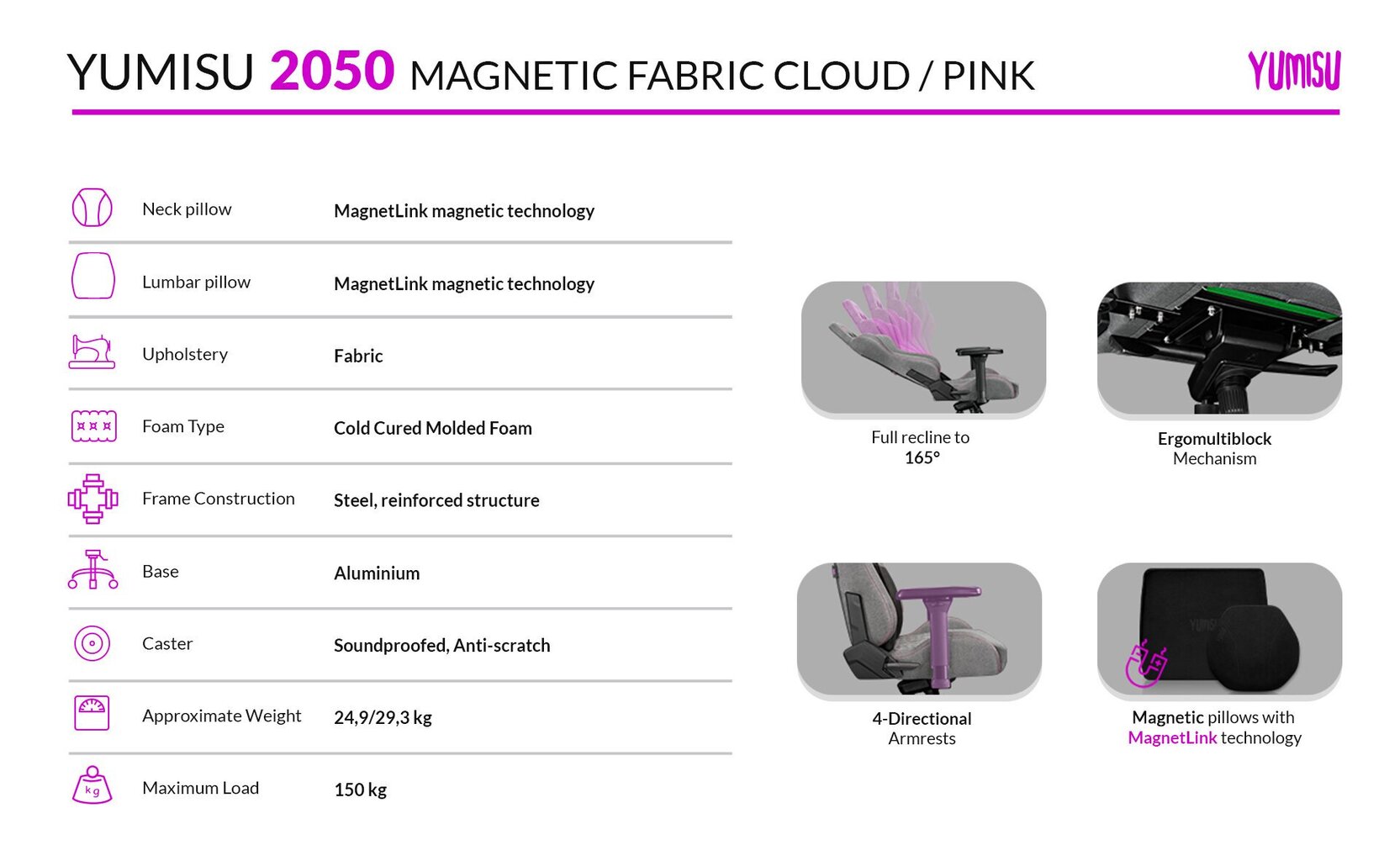 Mänguritool Yumisu 2050 Magnetic Cloud Pink, riidest polster, helehall-roosa цена и информация | Kontoritoolid | kaup24.ee