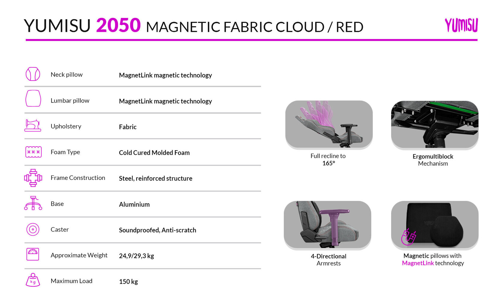 Mänguritool Yumisu 2050 Magnetic Cloud Red, riidest polster, hall-must värv, punane viimistlusega цена и информация | Kontoritoolid | kaup24.ee