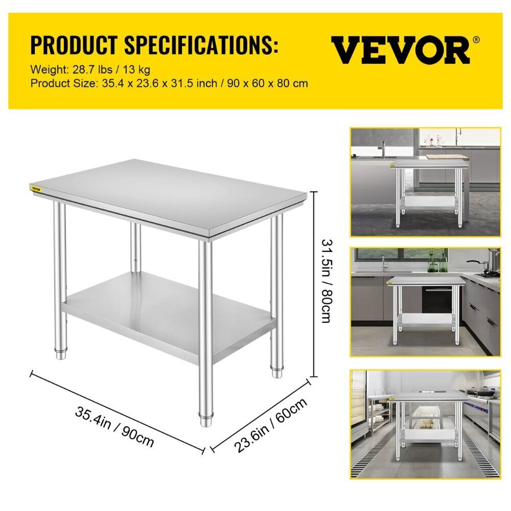 Köögitöölaud Vevor, 80x60x90 cm, hõbedane hind ja info | Köögi- ja söögilauad | kaup24.ee