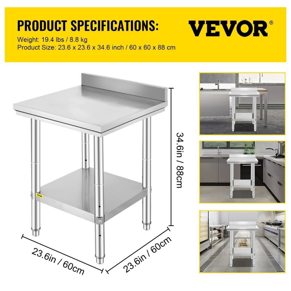 Köögitöölaud rattadega Vevor, 60x60x88 cm, hõbedane hind ja info | Köögi- ja söögilauad | kaup24.ee