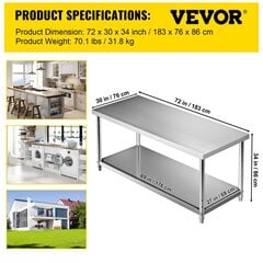 Vevor köögisaar, 183x76x86 cm, hõbedane hind ja info | Köögi- ja söögilauad | kaup24.ee