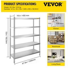 Кухонная полка Vevor, 45x182x120 см, серебристая цена и информация | Комплектующие для кухонной мебели | kaup24.ee