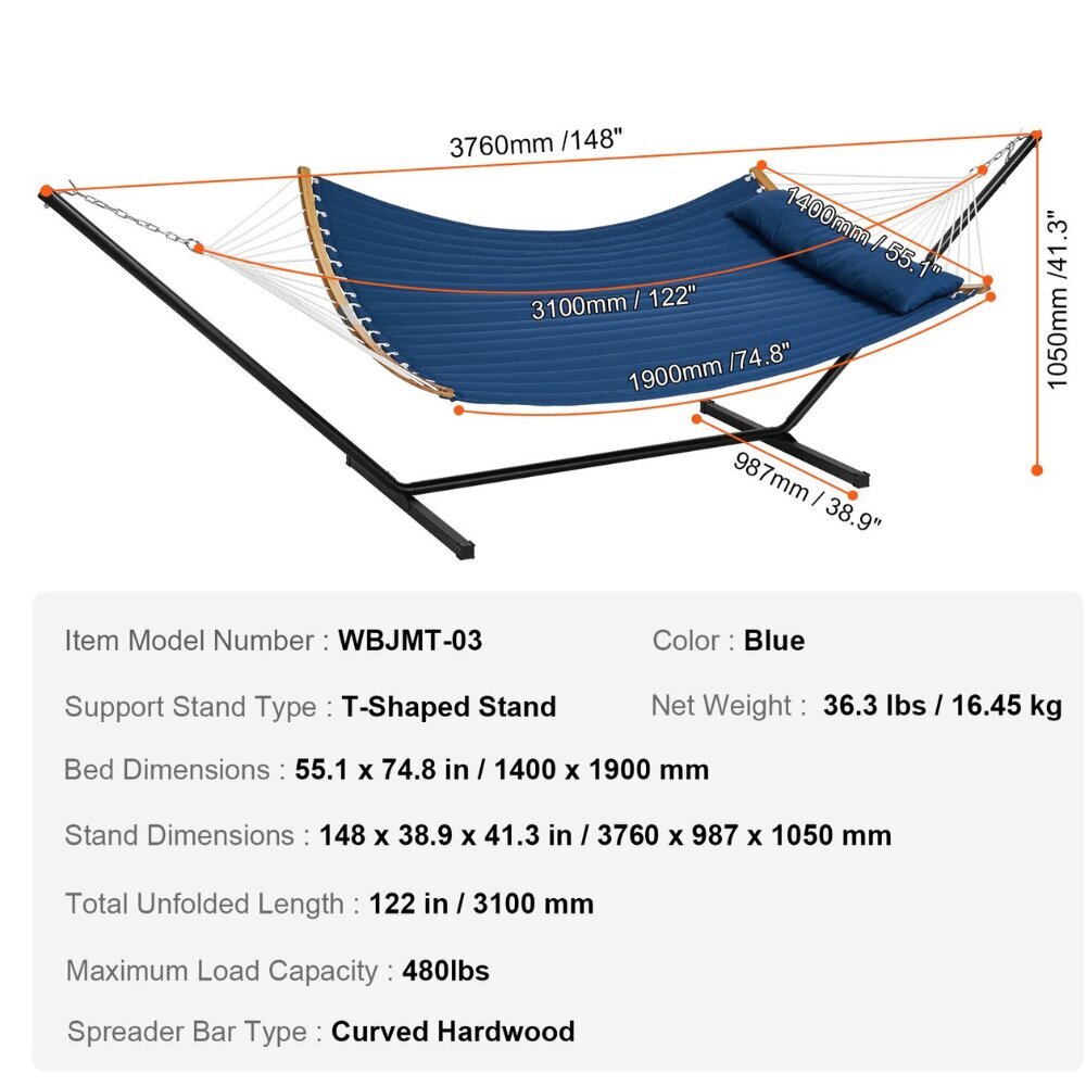 Gamakas metallraamiga Vevor, 376x140 cm, sinine цена и информация | Võrkkiiged | kaup24.ee