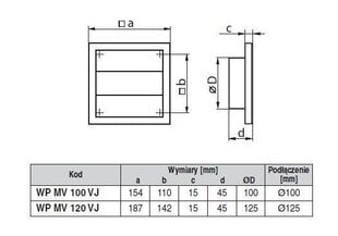 Решетка вытяжной вентиляции WP MV 100 VJ - 154x110 цена и информация | Аксессуары для вентиляционного оборудования | kaup24.ee