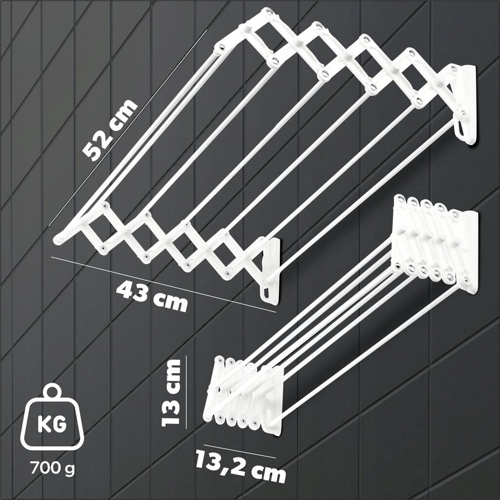 Vannitoa pesukuivati, Akordion, 50 cm, Seinale kinnitatav, Seinale kinnitatav hind ja info | Pesukuivatusrestid ja aksessuaarid | kaup24.ee