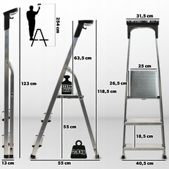 Алюминиевая бытовая лестница, 3 ступеньки, 125 кг, складная полка + крючок цена и информация | Стремянки | kaup24.ee