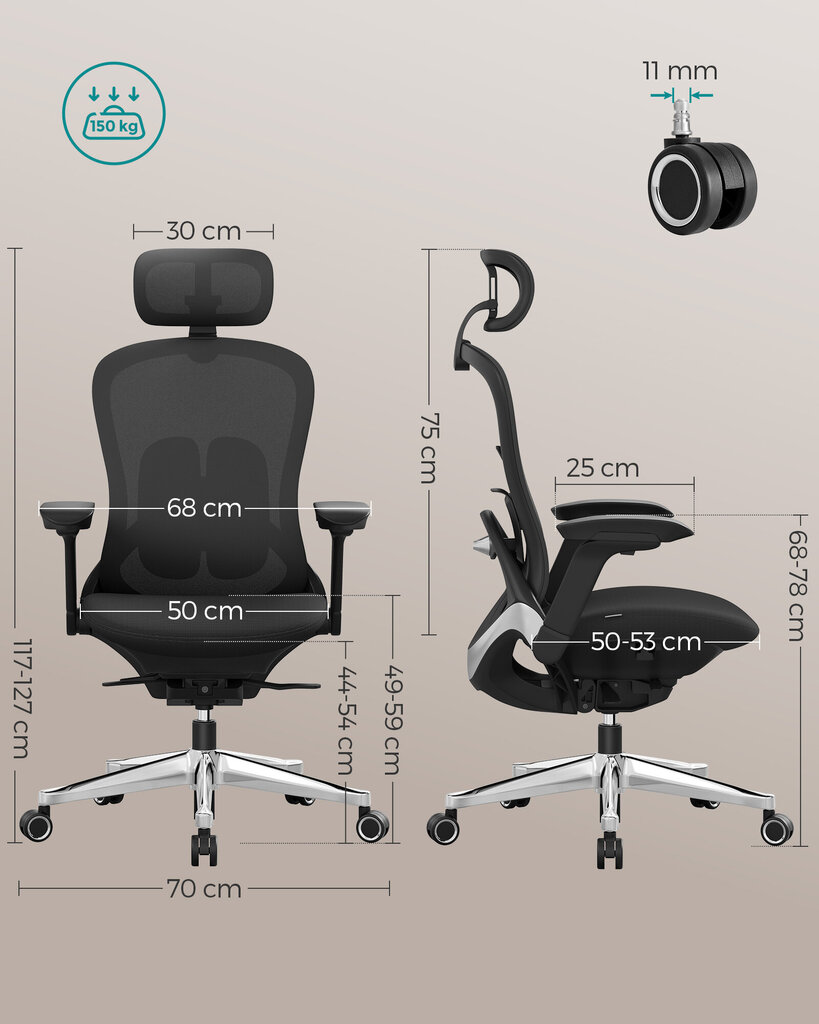 Kontoritool Songmics, 70x70x127cm, must hind ja info | Kontoritoolid | kaup24.ee