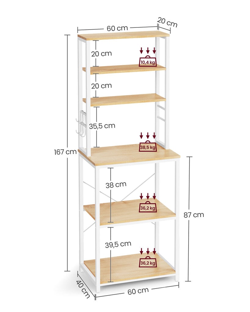 Köögiriiul Songmics, 40x60x167 cm, valge цена и информация | Köögitasapinnad | kaup24.ee