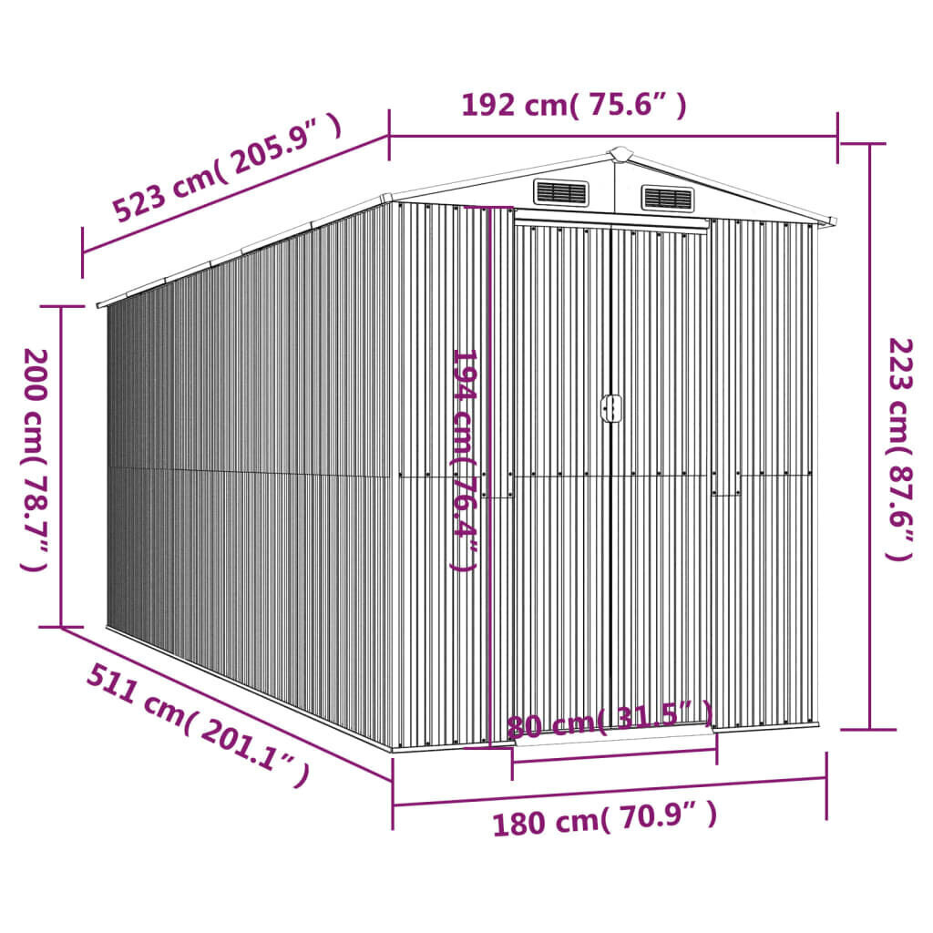 vidaXL aiakuur, antratsiithall, 192x523x223 cm, tsingitud teras hind ja info | Kuurid ja aiamajad | kaup24.ee