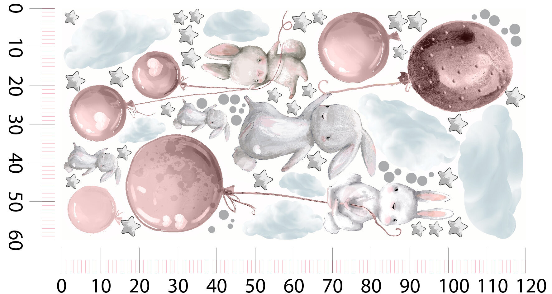Beebitoa kleebised jänkud õhupallid dekoratsioon roosa ja hall 60x120 hind ja info | Seinakleebised | kaup24.ee