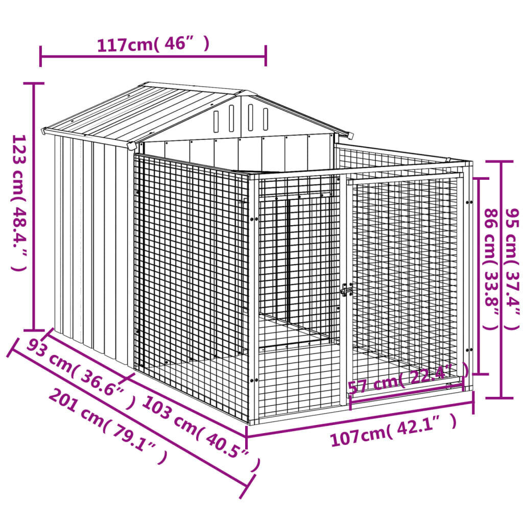 vidaXL koerakuut aedikuga, antratsiithall, 117x201x123 cm, teras hind ja info | Pesad, kuudid | kaup24.ee