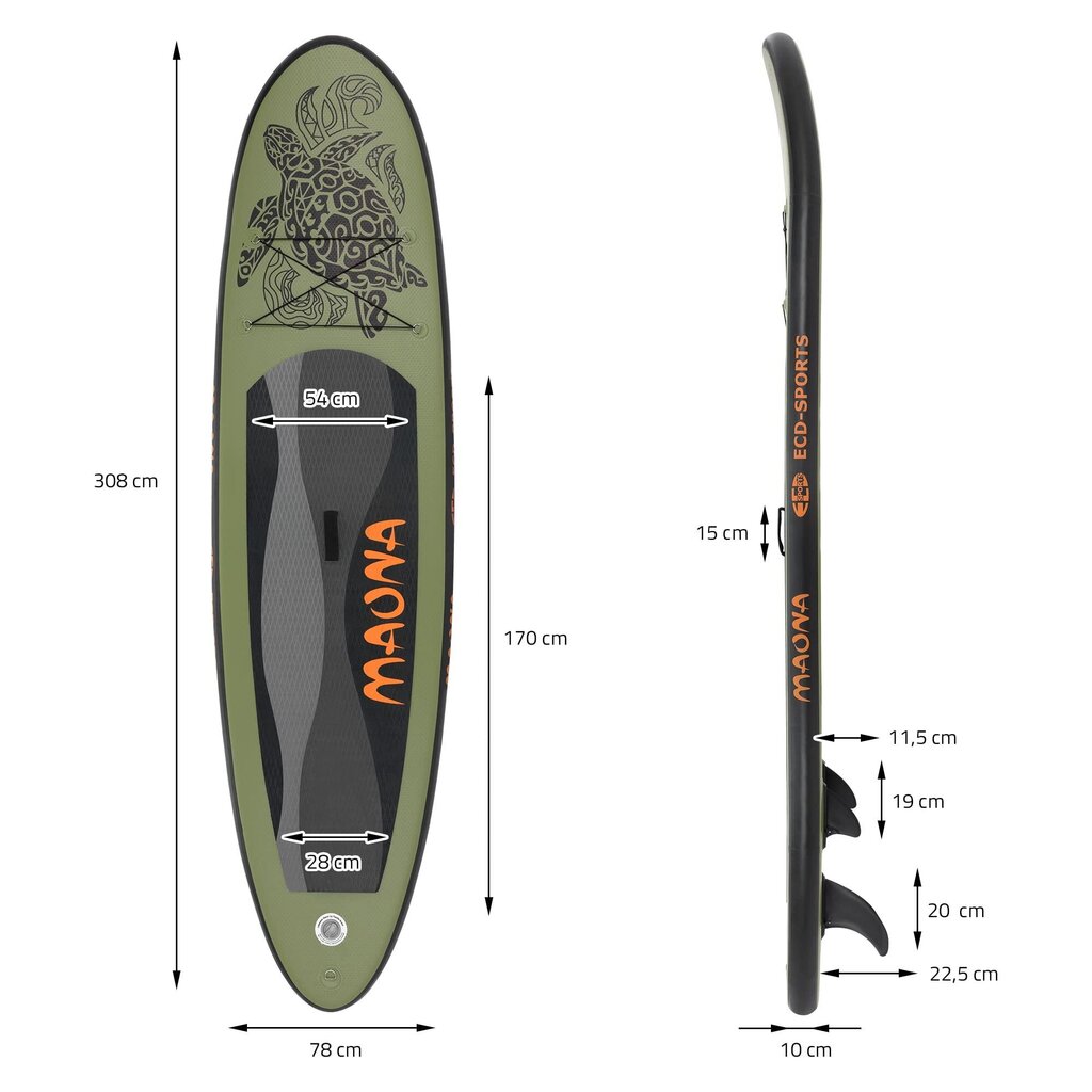 ECD Germany Täispuhutav Stand Up Paddle Board Maona Olive, 308x76x10 cm, PVC, 120 kg, Alu-mela, komplektne lisavarustus, SUP-laud hind ja info | Veesport | kaup24.ee