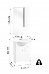 Vannitoakapp koos valamu 65 peegli ja valgustusega valge Silves цена и информация | Шкафчики для ванной | kaup24.ee